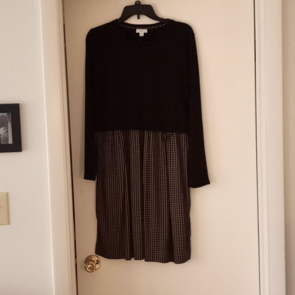 JJill black dress, top black, bottom black and gold check.